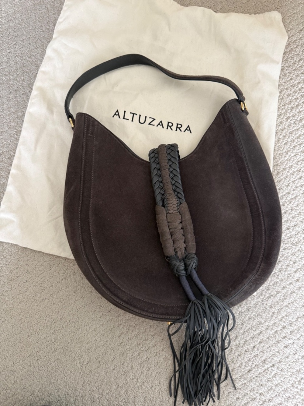 Altuzarra Ghianda Charcoal Grey Suede Braided Knot Tassel Hobo Bag